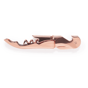 A rose gold corkscrew opener with a sleek design, featuring a bottle opener and spiral corkscrew.