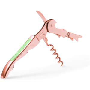 A rose gold corkscrew opener with a green handle, featuring a spiral corkscrew and bottle opener.