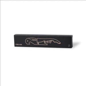 A black corkscrew opener with a gold outline design, presented in a matching box. It features a logo on the packaging.