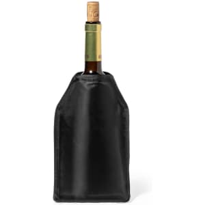 A drink bottle cooler in black, designed to fit a standard wine bottle, with a cork stopper visible.