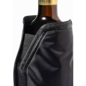 A drink bottle encased in a black cooler, featuring a zippered opening and an inner lining.