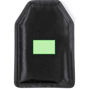 A drink bottle cooler in black, featuring a rectangular space, likely for branding.