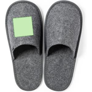 A pair of grey slippers with an open toe design and a textured finish, featuring a branding logo.