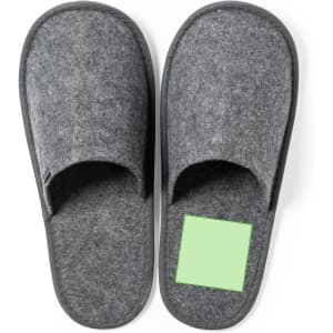Grey slippers made of felt with an open toe design. Features a patch area for potential branding.