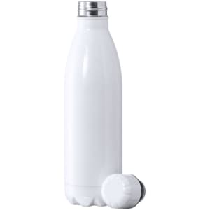 A drink bottle in white with a stainless steel cap, featuring a sleek design and a logo.