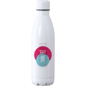 A drink bottle in white with a simple design featuring pink and blue circles and a logo.
