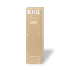 A drink bottle in a brown cardboard packaging with a simple outline design and a sealed cap.