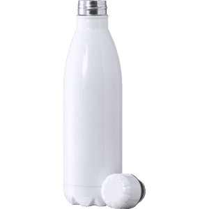 A drink bottle in white with a stainless steel cap and a separate white screw-on lid, featuring a logo.