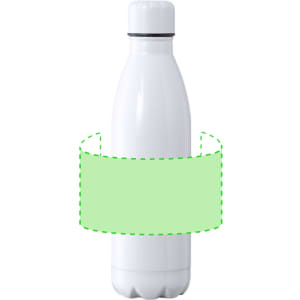 A drink bottle in white, featuring a sleek design and a black ring at the top. It has a logo on it.