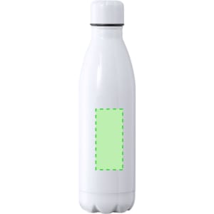 A drink bottle in white with a green area for customisation and a logo on the side.