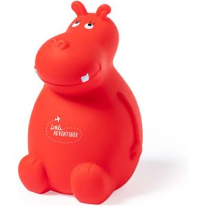 A red hippo money box with a friendly face and a logo, designed for saving coins and playful decoration.