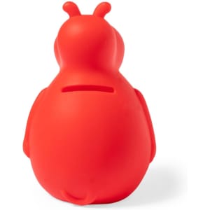 A red hippo-shaped money box with a slot for coins, featuring a simple and playful design.