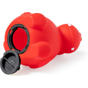 A red hippo-shaped money box with a removable lid, featuring a black opening for inserting coins.