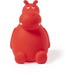 A red hippo-shaped money box with a smiling expression and cartoonish features. It has a logo on its surface.