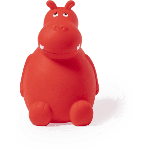 A red hippo-shaped money box with a smiling face, featuring rounded body and prominent eyes. Contains a logo.