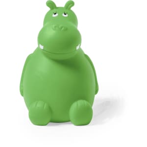 A green hippo-shaped money box with a smiling face and simple features, featuring a logo on the back.