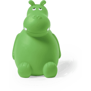 A green hippo-shaped money box with a smiling face and a round body, featuring a logo on its side.