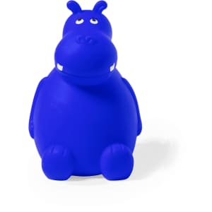 A blue hippo money box with a round body, small arms, and a smiling expression. It features a logo on the base.