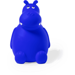 A blue hippo-shaped money box with a friendly expression, featuring a logo on its surface.