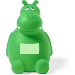 A green hippo-shaped money box with a blank area for customisation, featuring a smiling face and rounded body.