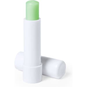 A white tube of lip balm with a green stick, featuring a plain design and a logo on the packaging.