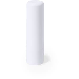 A white lip balm stick with a smooth, cylindrical shape, featuring a logo.