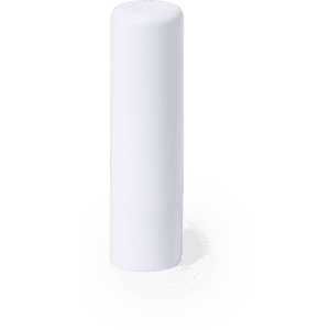 A white lip balm stick in a cylindrical container with a smooth finish. It features branding on the packaging.