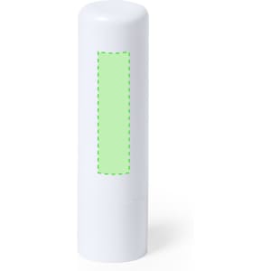A white lip balm tube with a blank green section, featuring a subtle rounded top and a simple design.