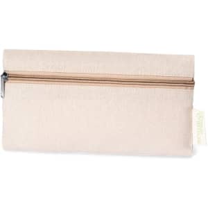 A beige pencil case with a zip closure and a subtle texture, featuring a small branding tag.