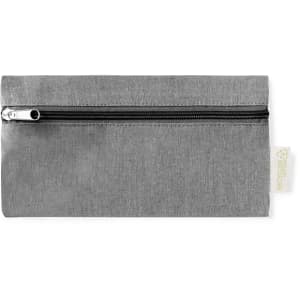 A grey pencil case with a zip closure and a small logo tag on the side.