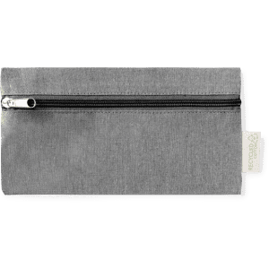 A grey pencil case with a zip closure and a tag, featuring a simple, minimalist design.