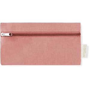 A pink pencil case with a zip closure and a small branding tag on the side.