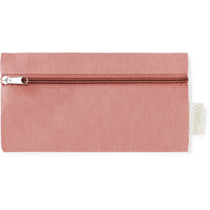 A pink Laybax pencil case with a zip closure, featuring a simple design and a logo tag on the side.