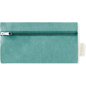 A teal pencil case with a zip closure and a small logo tag on the side.