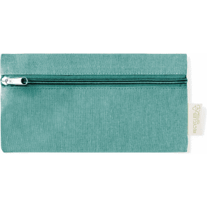 A teal pencil case with a zip closure and a tag indicating recycled material, featuring a simple design.