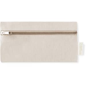 A beige pencil case with a zip closure and a small branding label on the side.