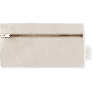 A pencil case in a light beige colour with a zip closure and a small tag, featuring branding.