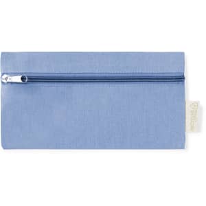 A blue pencil case with a zip closure and a small logo tag on the side.