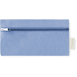 A blue pencil case with a zipper closure and a tag, featuring a simple and sleek design.