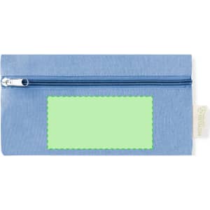 A blue pencil case featuring a zip closure and a blank green label area for customisation. Includes a logo.