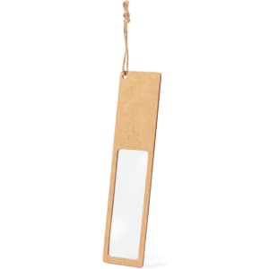 A wooden bookmark with a magnifying glass feature and a hanging string. It includes a logo.