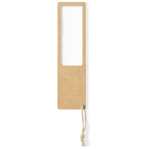 A brown magnifier bookmark with a rectangular lens and a rope attached to one end.