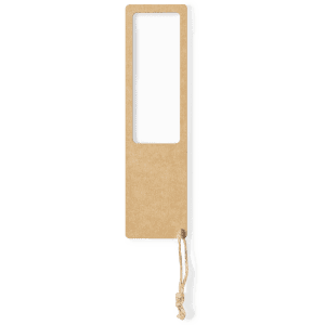 A brown magnifier bookmark with a clear viewing window and a tied string at the bottom.