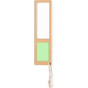 A wooden bookmark with a clear magnifying section and a green area at the bottom, featuring a string for hanging.