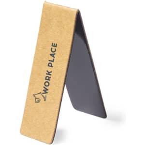 A triangular bookmark with a brown kraft surface and a black magnetic side, featuring a logo.