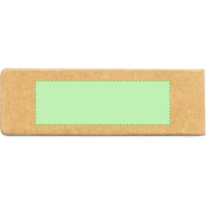 A green Jofry Bookmark on a brown cardboard background, featuring a rectangular area and a logo.