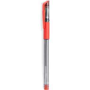 A clear, retractable pen with a red grip and clip, featuring a transparent barrel.