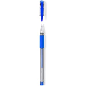 A clear pen with a blue grip and clip, featuring a silver barrel and blue ink.