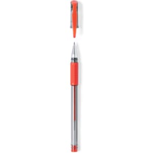 A retractable pen with a clear barrel and vibrant red details, featuring a comfortable grip and a removable cap.