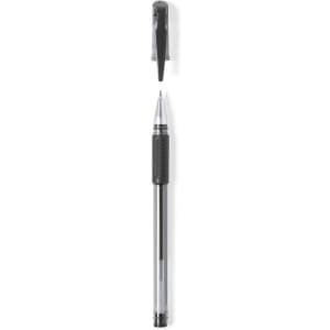 A black pen with a transparent barrel and grip, featuring a clip on the cap.